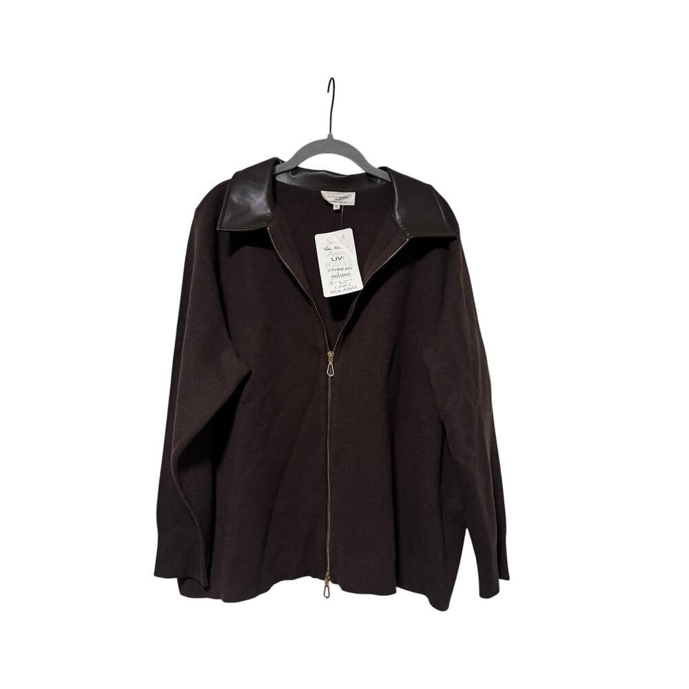 La Vila Milano Women’s Brown Zip Front Knit Cardigan Faux Leather Collar Size 2X - Picture 2 of 7